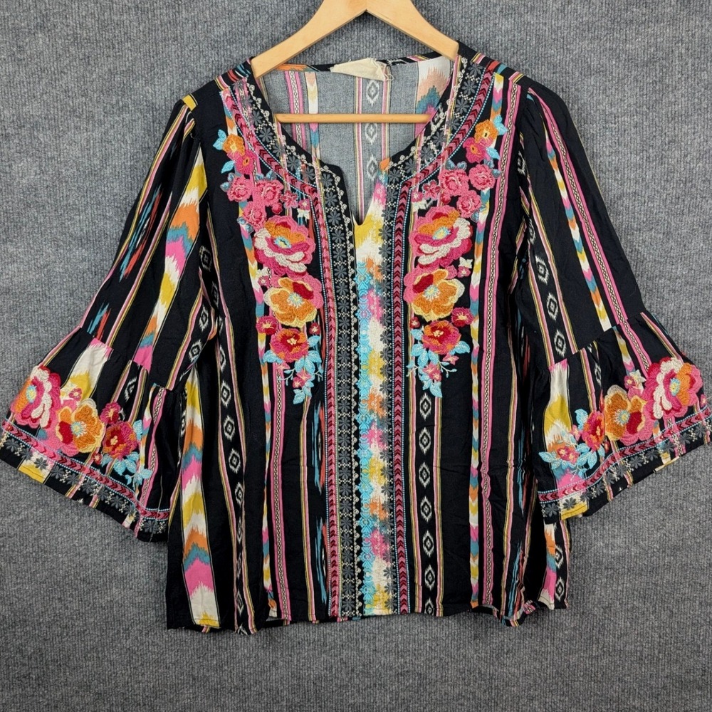 Savanna Jane L Top Shirt Floral Embroidered Ikat Boho Bell Sleeve Blouse